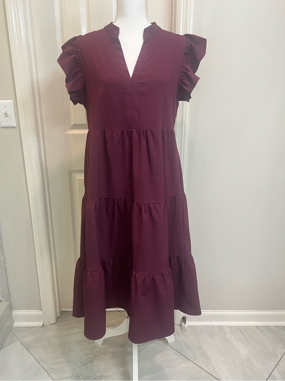 Women’s Burgundy Tiered Flutter Sleeve Dress